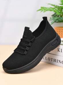 Women's Breathable Casual Shoes, Non-Slip Soft Sole, Comfortable Black Work Shoes, Flat Knitted Solid Round Toe Sports Sneakers, Suitable For All Seasons