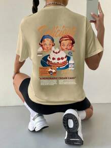 تي شيرت أكمام قصيرة بطبعة كعكة بطراز كاجوال قديم، مناسب يومي للرجل والمرأة، موسمي للربيع والصيف واللبس اليومي