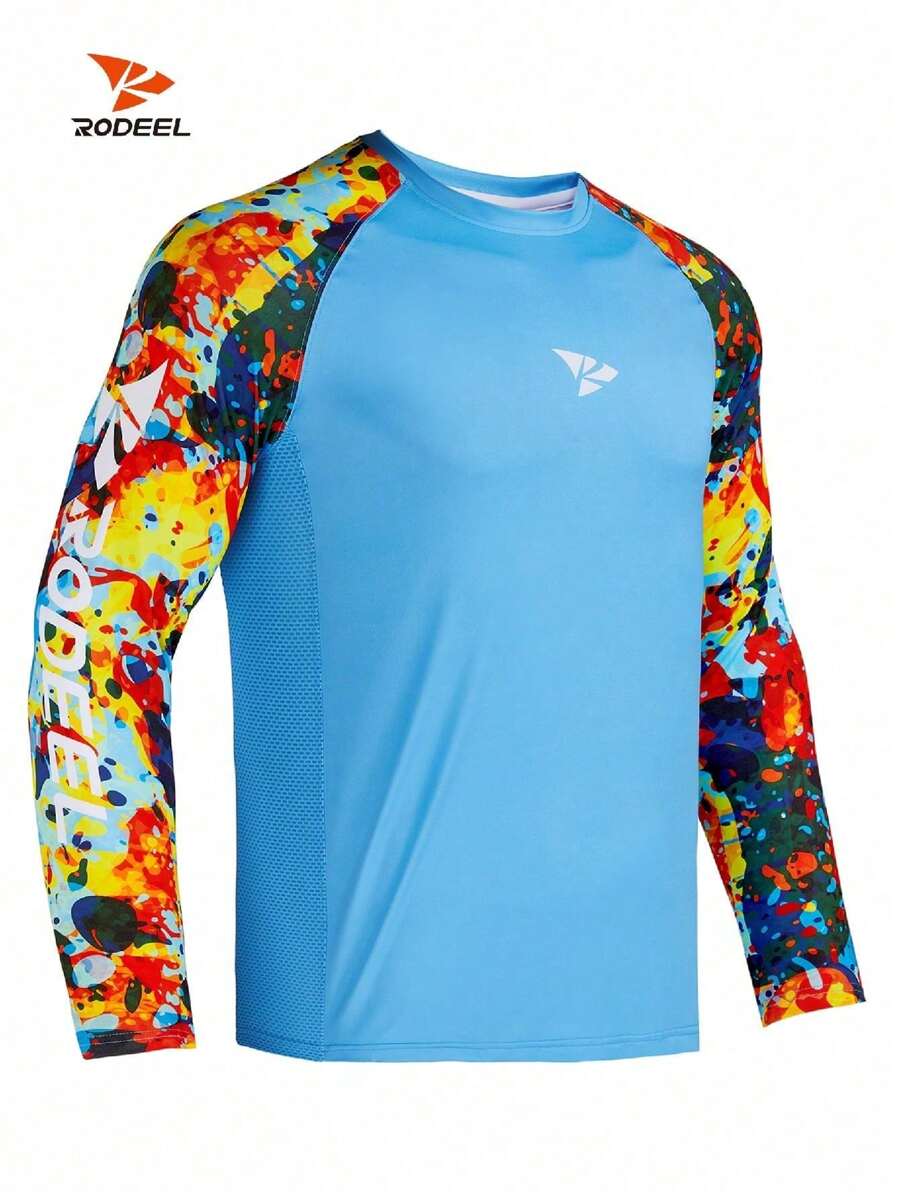 RODEEL Summer Workout Men's Camouflage Print Color Block Raglan Long Sleeve T-Shirt Sun Protection Quick-Drying Sports Top Suitable For Outdoor Running Hiking And Fishing