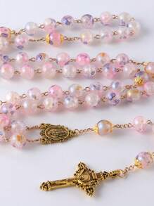 GO2CJBEADS 1 pieza Collar con colgante de cruz de 10mm con 59 cuentas de cristal de colores variados, estilo casual. Collar de oraciones católicas con cuentas de cristal agrietadas, colgante de cruz en cadena larga para suéter.