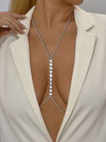1pc Women Heart-Shaped Crystal Body Chain Jewelry, Sexy Fashion Beach Bikini Chest Chain