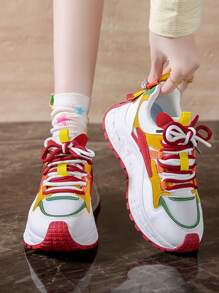 1 双女士 2025 年春季新款厚底运动鞋，韩国学生厚底休闲运动鞋 - 紅色 - 查看 11