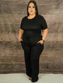 Talla grande Camiseta sólida y pantalones con cintura ajustable con cordón - Negro - Ver 2