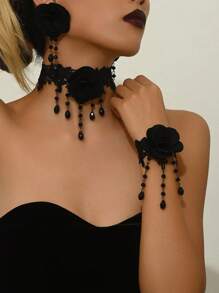 2pcs Vintage Rose Choker And Bracelet Set - Black Lace And Red Rose Jewelry Set For Girls - Gothic Lolita Jewelry Set