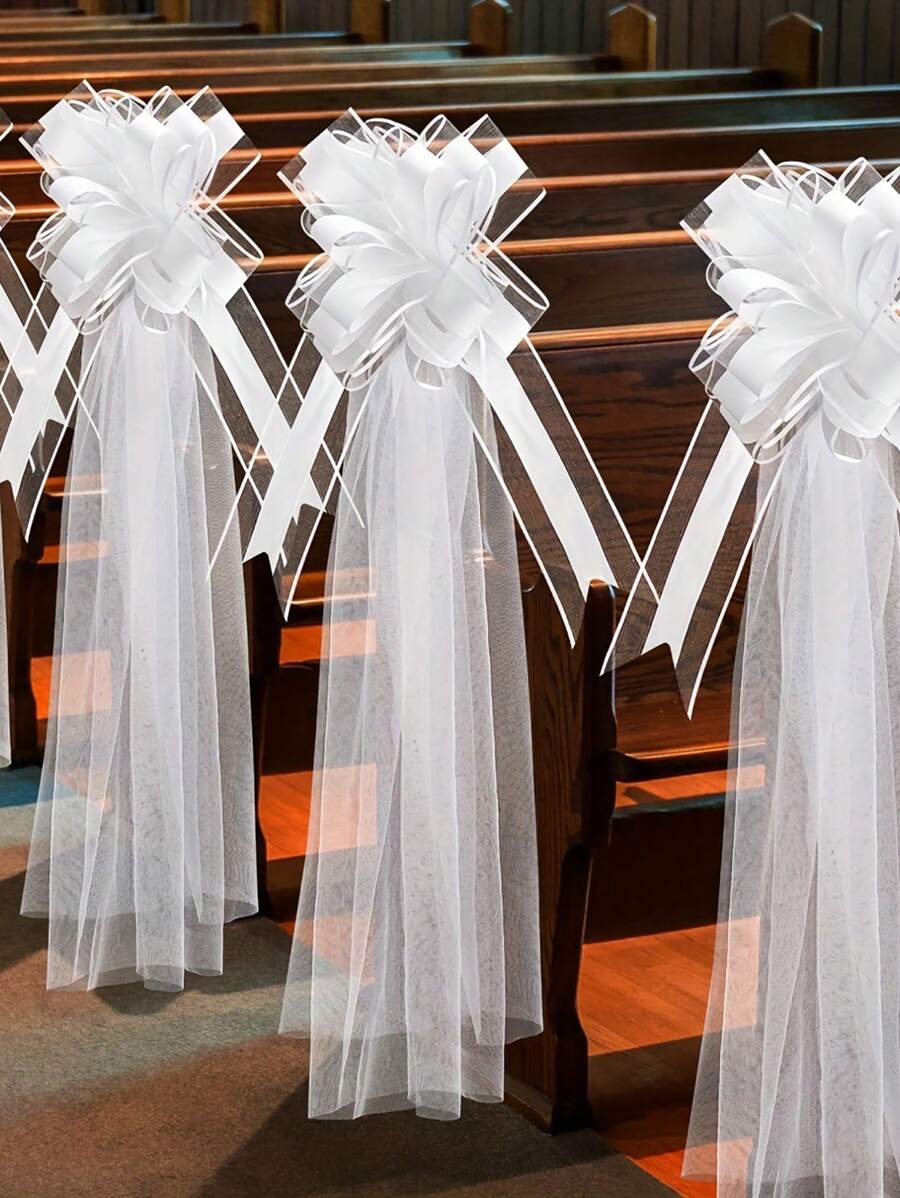 1 set de lazos para banca de boda blanca, 1 pieza de moño y 1 pieza de malla decoración para sillas de la iglesia y el pasillo de la boda, decoraciones para el coche de la boda - Multicolor - Ver 1