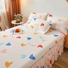 3pcs Set: 1pc Flower Pattern Bed Skirt + 2pcs Pillow Cases, Princess Style Double Ruffle Bedding Set, Dustproof & Anti-Slip, Suitable For All Seasons - Apricot - View 4