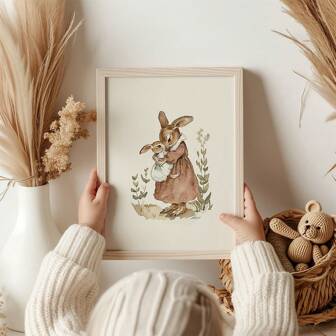 1pc Optional Frame Canvas Wall Arts Posters, Cute Rabbit Mom & Baby Prints Poster, Vintage Cartooon Animal Art Style, Suitable For Nursery ,Bedroom,Ideal Wall Home Decoration Art Poster Easter Gifts