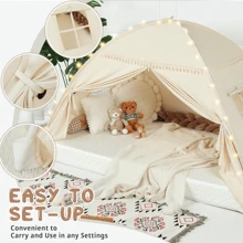 Kids Twin Size Bed Tent With Lights & Flags - Portable Foldable Canopy For Toddler Beds, Indoor Playhouse, Privacy Space For Boys & Girls, Perfect Gift For Bedroom Decor - Beige - View 8