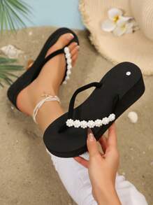 Moederdag cadeau, teenslippers, damessandalen met parelbloemdecoratie, open teen casual slippers, glanzende strandslippers voor vrouwen
