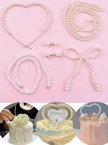 1pc Pearl Bow Cake Decoration Set Pearl Chain Cake Decoration Pink Ribbon Bow Artificial Bulk Used For Wedding Bridal Gift Party Birthday Party Decoration Supplies