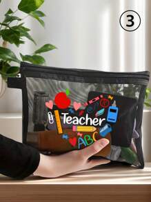 教师答谢礼物网眼大容量便携式化妆包，印有“老师”字样，玫瑰红色亚麻零钱包，化妆包，有衬里，无封口 - 非常适合教育工作者和学校工作人员，教师答谢礼物，时尚休闲配饰，适合外出、度假、日常通勤，化妆包，适合假日海滩、浴室收藏、卧室收藏，大容量 - 黑色 - 查看 14