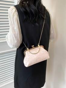 Bolso de embrague con cadena de lentejuelas 2025, bolso de mano de noche de moda de celebridad, bolso de hombro cruzado, bolso de asa superior con cremallera y unicolor [Patrón de flores diminutas en posición aleatoria] - Rosa - Ver 4