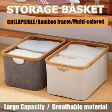 1 Cesta ideal para ropa sucia, cesta de almacenamiento, caja de almacenamiento, capacidad grande de 52l, marco de bambú, tela Oxford gruesa, varilla de soporte de bambú, resistente, plegable, adecuado para organizar ropa, juguetes, libros y artículos varios en dormitorios, armarios, baños, maternidad y habitaciones de bebé - Beige/Gris