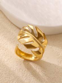 1 Pc Stainless Steel Leaf Shaped Open Ring, Suitable For Daily Wear