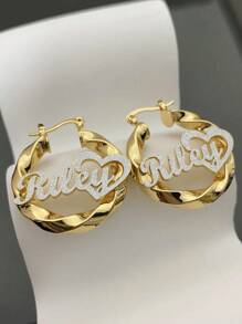 1 Pair Of DIY Custom Double-Layer Welded Name Letter Earrings, Men's And Women's Large Heart-Shaped Earring Pendants, Thick Earrings, Customizable Name Simple Daily Style, Keychain, Products Include Gift Boxes, Valentine's Day Gifts, Birthday Gifts, Mother's Day Gifts, Daily Gifts - Gold - View 7