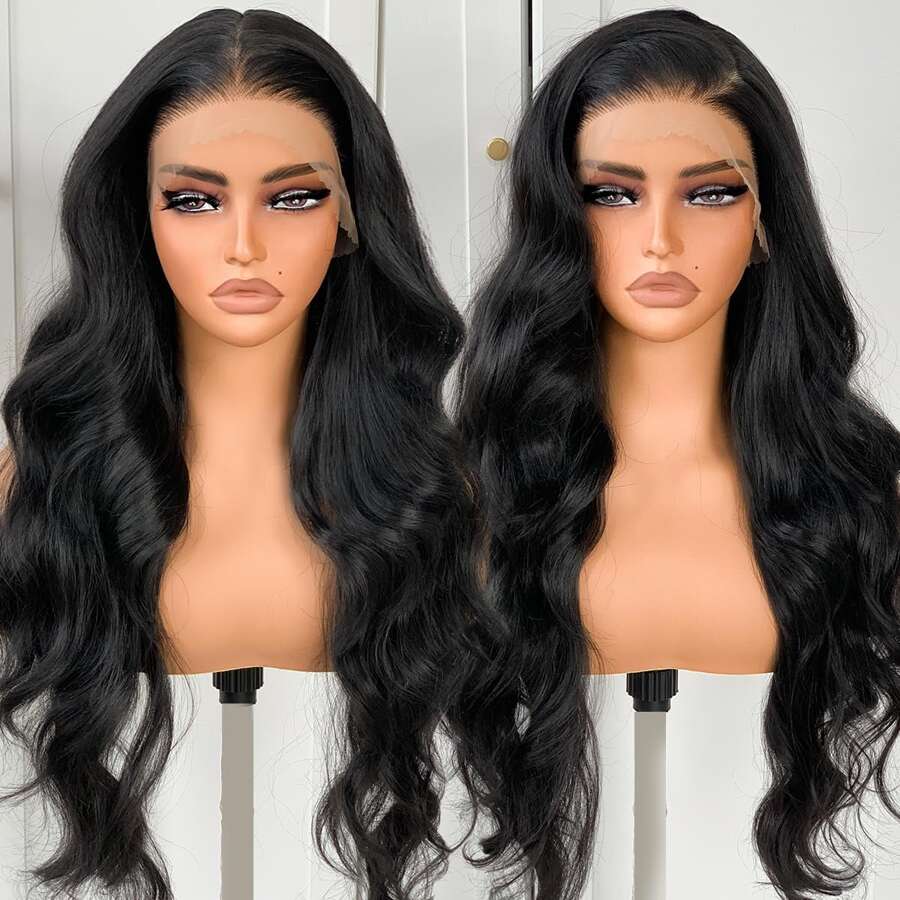 Black Body Wave Lace Wig 13x4 HD Lace Front Wig Pre-Plucked Long 28inch Lace Front Wigs Synthetic Wear And Go Lace Front Wigs Daily Use - 黑色 - 查看 1
