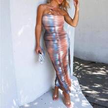 Robe moulante femme sans dos à imprimé avec col ras-du-cou à rayures