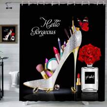 1 件装钻石高跟鞋浴帘时尚女孩鞋化妆口红闪亮美容香水红玫瑰花朵蝴蝶花式女士黑色浴室装饰套装母亲节鲜花，送给妈妈的个性化礼物，最后一分钟的礼物，母亲节创意，母亲节礼物，送给妈妈的手工卡片，50 美元以下的最佳母亲节礼物 - 彩色 - 查看 2