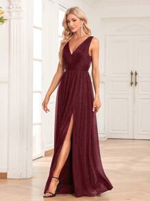 V领无袖雪纺A字伴娘礼服，优雅派对礼服，婚礼宾客礼服，生日礼服，毕业典礼礼服，宴会礼服，嘉年华服装 - 酒紅色 - 查看 6