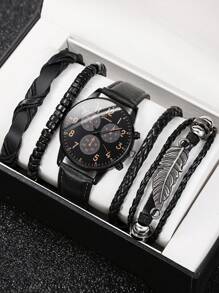 5pcs Men's Fashion Quartz Watch Set - Vintage Style Leaf Beaded Handmade Braided Bracelet, PU Leather Watch With Precise Analog Display, Comfortable, Ideal Gift For Him, Suitable For Casual & Sports