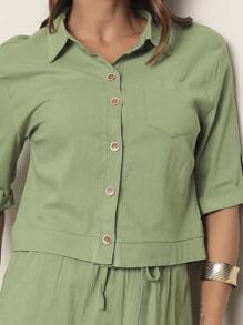 Short Sleeve Linen Set With Button Shorts Elastic Waist - màu xanh lá - Xem 1