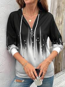 [Tops] Elegant & Fashionable Women Casual Ombre Zip-Up Drawstring Sweatshirt, Suitable For Spring, Autumn And Winter - White - View 3