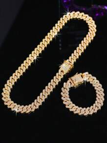 1pc 15mm Shiny Thick Chain Design, Rhinestone Inlaid Hip Hop Bracelet + Necklace Set, Suitable For Daily Wear And Party Decoration - Hip Hop Necklace Set - View 12