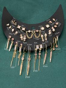 17pcs/Set Minimalist Multi-Crystal Vintage Style Stud Earrings & Dangle Earrings, Original Design Unique Accessories - Pink - View 3