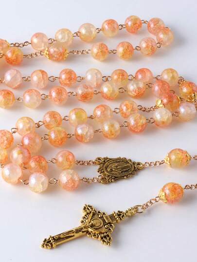 GO2CJBEADS 1件天然石珠十字架念珠项链，复古串珠宗教项链，配贝壳珍珠十字架吊坠，女士款