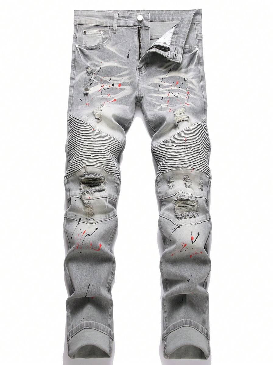 Men's Slim Fit Jeans Ripped Skinny Jeans For Men, Fashion Biker Jeans Stretch Moto Cargo Denim Pants - Grey - View 1
