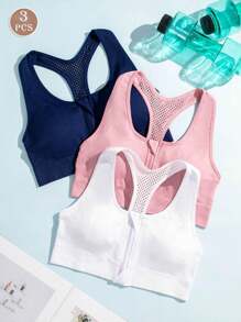 3pcs Women Seamless Zipper Sports Bra, Breathable Supportive Backless Bras For Fitness - 彩色 - 查看 1