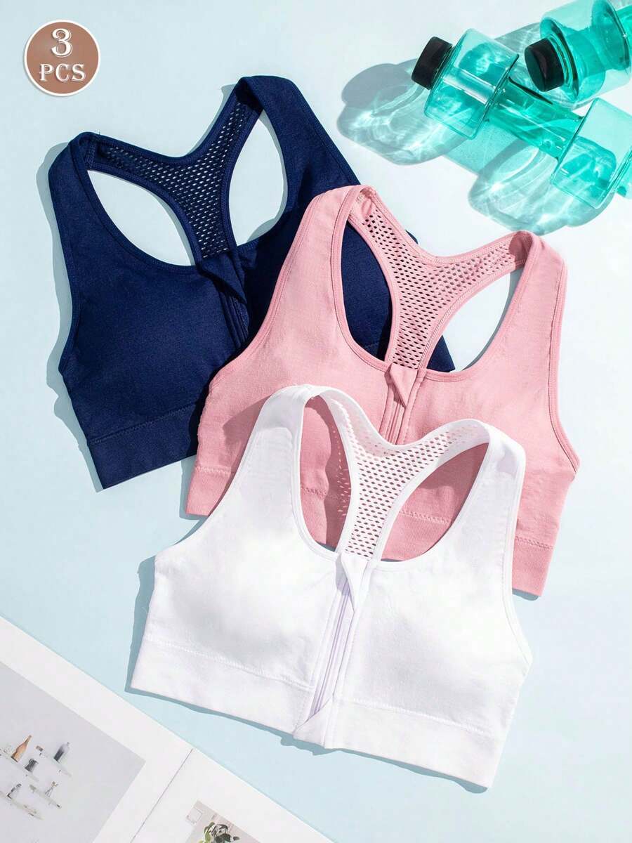 3pcs Women Seamless Zipper Sports Bra, Breathable Supportive Backless Bras For Fitness - 彩色 - 查看 1