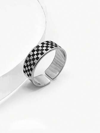 1 件男女通用棋盘格图案戒指，复古风格黑白简约金属指环时尚配饰