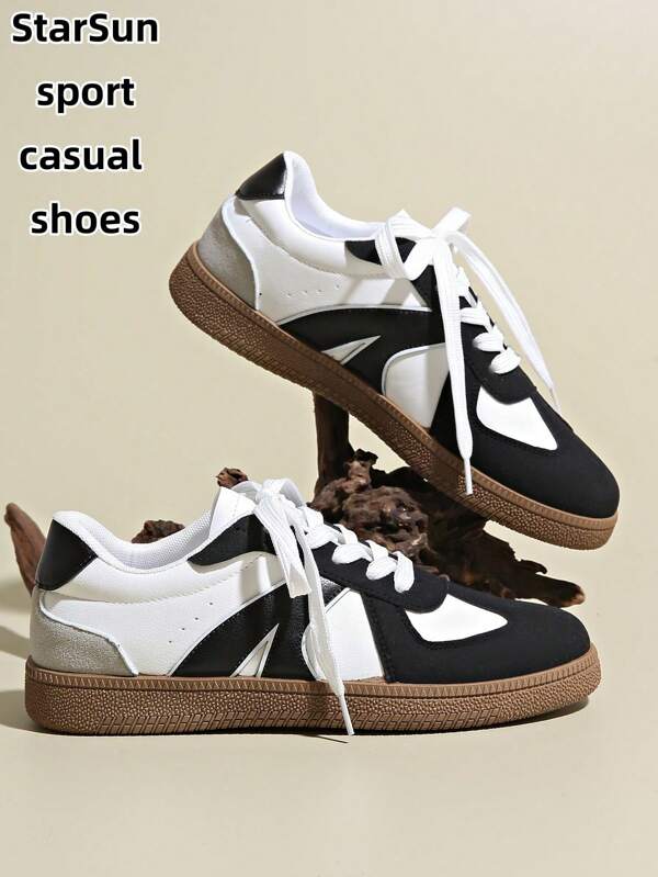 Women's Spring/Autumn New Round Toe Low-Top Casual Shoes, Waterproof Anti-Slip Easy To Clean Flat Comfortable Versatile Small White Shoes, Color Block Athletic Leisure Shoes, Retro Style Skateboard Shoes, Fashion , Suitable For All Seasons