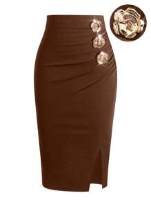 EARO Vintage French Style Women's Casual Minimalist Comfortable Daily Versatile Metal Flower Decor Pleated Front Slit A-Line Skirt, High Waist Slimming Elastic Waist Fashionable Loose OL Professional Bodycon Skirt, Spring/Autumn - Brown - View 1