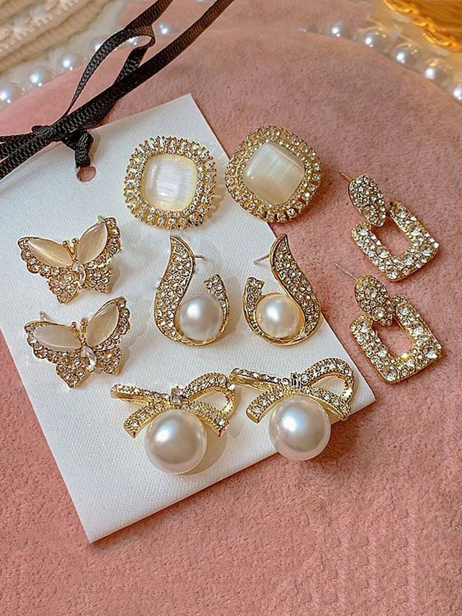 5 对简约优雅奢华钻石镶嵌猫眼、方形、蝴蝶结、水滴和人造珍珠耳钉套装，适合日常和节日佩戴 - 套裝A款 - 查看 1