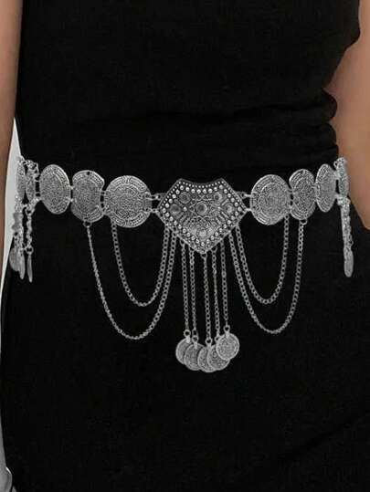 复古硬币腰链，波西米亚风格金属流苏腰带，肚皮舞配饰，适合裙子、派对、音乐节、万圣节