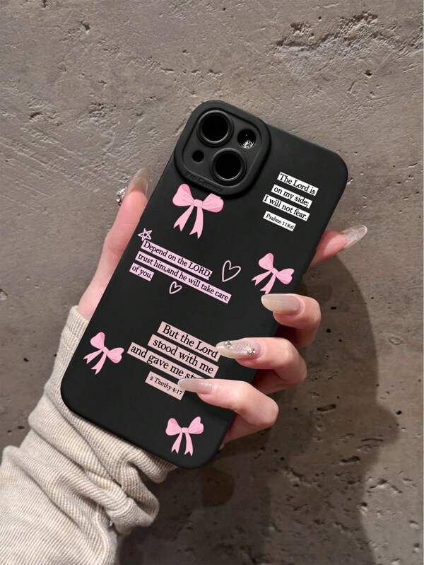 1pc Minimalist Religious Slogan God Pink Bow Black Cat Eye Full Coverage Soft Phone Case, Compatible With IPhone 11/12/13/14/15/16 Pro Max