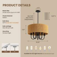 19" Bohemian Rattan Drum Chandelier, 5-Light Round Candle Pendant Light Fixture, Farmhouse Woven Cage Chandelier For Dining Room Bedroom