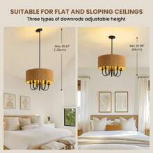 19" Bohemian Rattan Drum Chandelier, 5-Light Round Candle Pendant Light Fixture, Farmhouse Woven Cage Chandelier For Dining Room Bedroom