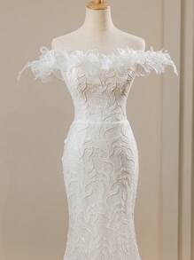 White Off Shoulder Ruffle Lace Mermaid Bridal Wedding Dresses For Bride, Romantic Vacation Dress, Spring/Summer - White - View 4