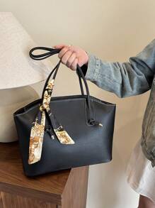 全新奢华纯色时尚百搭女士单肩托特包 - 黑色 - 查看 4