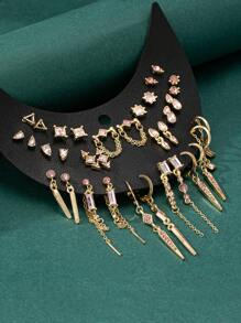 17pcs/Set Minimalist Multi-Crystal Vintage Style Stud Earrings & Dangle Earrings, Original Design Unique Accessories - Pink - View 5