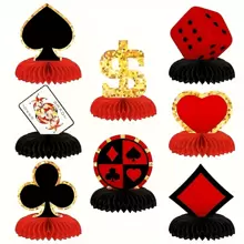 8-teiliges Dekorationsset mit Kasino-Geburtstagsmotiv, Poker-Thema Wabenzentrums-Tischdekorationen, Spielkarten Dekoschild für Kasino Poker Thema Geburtstagsparty Zubehör, 8 Designs