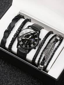 5pcs Men's Fashion Quartz Watch Set - Vintage Style Leaf Beaded Handmade Braided Bracelet, PU Leather Watch With Precise Analog Display, Comfortable, Ideal Gift For Him, Suitable For Casual & Sports
