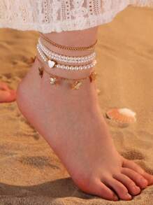 5pcs/Set Bohemian Shell, Starfish, Butterfly, Heart Pendant Anklet Set For Women