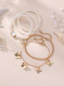 5pcs/Set Bohemian Shell, Starfish, Butterfly, Heart Pendant Anklet Set For Women