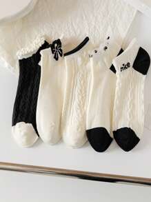 5 Pairs Women Summer Thin Ankle Socks, Korean & Japanese Style White Lace Trim Socks, Boat Socks For Girls