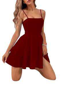 Women A-Lined Dresses, Sleeveless Off Shoulder Backless Casual Party Spring Summer Dress - Màu Đỏ Sâu - Xem 3