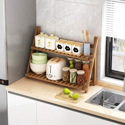 1pc Brown Diy Handmade Bamboo Folding Display Shelf, Home Organizer